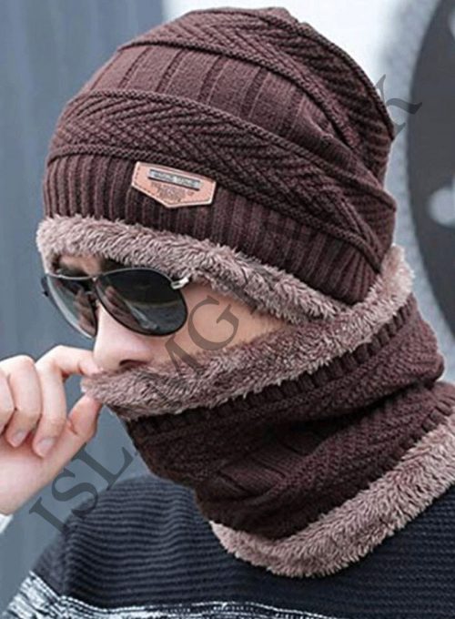 Cap And Neck Scarf Wool Warm Brown Color